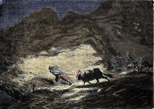 Een schipbreukeling (piraat) gebruikt een licht dat aan de kop van een os hangt om schepen te misleiden die dan de kust naderen en in handen vallen van plunderaars. Gravure uit de 19e eeuw door Unknown artist