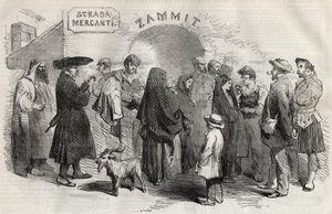 Een straat in Valletta op het eiland Malta in 1857.