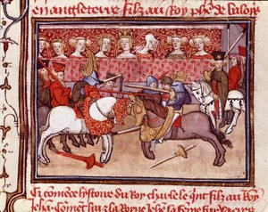 Een toernooi van ridders ten tijde van koning van Frankrijk Karel V (1338-1380). Miniatuur uit 