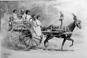 Een traditionele Siciliaanse kar. 19e-eeuwse gravure door Unknown artist