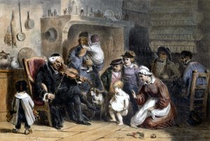 Een wake: familie verzameld rond een priester die viool speelt. 19e eeuw.