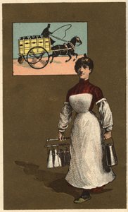 Een wandelende melkboer (leverancier of zuivelhandelaar). Anonieme chromolithografie, eind 19e eeuw. door Unknown artist