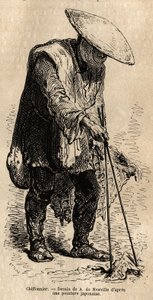 Een wandelende voddenraper, met lange eetstokjes pakt hij de vodden die hij in zijn mand opslaat voordat hij ze aan een groothandelaar verkoopt. Gravure ter illustratie van de reis naar Japan, door Aime Humbert, minister van de Zwitserse Confederatie, in 