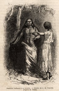 Een krijger van de Crow Indianenstam (crows), die langs de Lewis River leeft, doet zijn toilet. Gravure ter illustratie van een excursie onder de Indianenstammen van de bekkens van Colombia en Boven-Missouri, door G. Catlin, in 1855, gepubliceerd in 