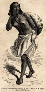Een waterdrager uit Monkoullo, een Samharische vrouw (Ethiopië), draagt een leren bovenstuk aan een lange palmvezel touw, die ze leegt in een grote kleitank om het beest te drenken. Gravure ter illustratie van de reis naar Abessinië, in 1862 door Guillaume door Unknown artist