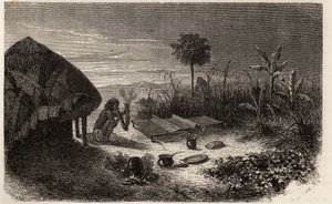 Een wever en zijn wever, aan de oevers van de Zambeze rivier. Gravure ter illustratie van Dr. Livingstone