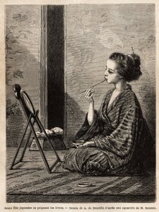Een jong meisje uit Yedo (of Edo, het huidige Tokio), schildert haar lippen voor haar spiegel, heeft aan haar zijde de lakdoos met haar benodigdheden: kammen, borstels en haarspelden, tandpoeder, rijstpoeder en andere cosmetica. Gravure ter illustratie van door Unknown artist