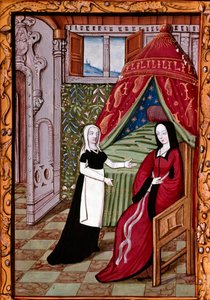 Een jonge vrouw waarschijnlijk Louise Laval (overleden 1480) in haar slaapkamer met haar dienstmeid. Miniatuur uit 