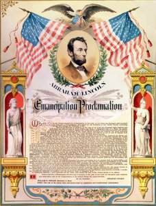 Abraham Lincoln en zijn proclamatie van de emancipatie van slaven (vlaggen en adelaar). 22/09/1862