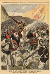 Abyssinische ras Ras Makonnen (Mekonnen Welde Mikael) (Abba Qagnew) (1852-1906), krijgsheer en rechterhand van keizer Menelik II (1844-1913), met zijn troepen, winnaar van Amba Alaghi, van het Italiaanse leger onder bevel van majoor Toselli. Gravure in 