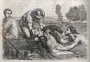 Ongevallen geneeskunde - over de meest effectieve hulp aan drenkelingen - om een drenkeling uit het water te halen, moet je dit zo handig mogelijk doen - gravure in 
