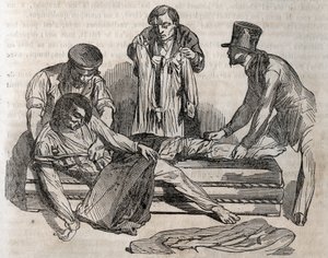 Ongevallen geneeskunde - over de meest effectieve hulp aan drenkelingen - om zo snel mogelijk uit te kleden, moet je de natte kleding scheuren - gravure in 