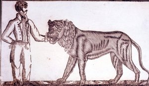 Reclame voor het circus in 1800 met een temmer die zijn hand in de mond van een leeuw steekt