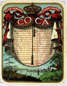 Reclame voor Coca (product gewonnen uit cocaïne): "Het Peruaanse Balsamische Hygiënische Elixir COCA", chromolithografie uit de 19e eeuw door Unknown artist