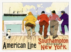 Reclameposter voor de American Line "Southampton, Cherbourg, New York" in "Pictorial Placard", Brussel
