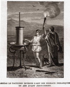 Aeneas de Tacticus bedenkt de kunst van signaaloverdracht, 366 v.Chr. Gravure 19e eeuw, Bianchetti collectie