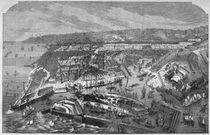 Luchtfoto van de haven en de stad Le Havre, Seine-Maritime, Normandië, Frankrijk. Gravure in "L
