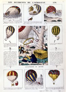 Aerostatische ongevallen. 19e-eeuwse geïllustreerde kaart.
