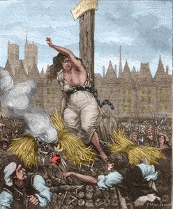 Affaire des Poisons: Catherine Deshayes, vrouw Monvoisin en bijgenaamd La Voisin (1640-1680) werd op de slachtbank gezet, zittend en gebonden met ijzer; ze vloekte en weerde het stro af - in 