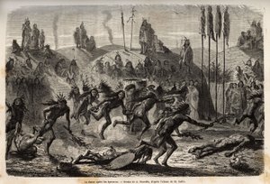 Na de ceremonie van zelfovergave aan de Grote Geest, omarmen de jonge krijgers een uitzinnige en uitbundige dans, de zwaksten worden over de grond gesleept, onder de Mandan-indianen (of noumah ka kie: fazanten), aan de linkeroever van de Missouri. Gravure  door Unknown artist