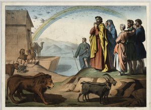 Na de zondvloed dalen de dieren af van de ark. Rechts: Noach, zijn vrouw, zijn drie zonen (Sem, Cham en Jafet) en hun vrouwen. Onderaan de regenboog (symbool van de orde van de schepping tussen Noach en God). Anonieme gravure uit het midden van de 19e eeuw door Unknown artist