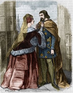 Agnes Sorel (1422-1450) en koning Karel VII van Frankrijk in de abdij van Jumieges. Gravure uit de 19e eeuw. door Unknown artist