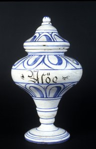 Albarelle: 16e-eeuwse apotheekvaas met Aloë. Museum voor Wetenschap en Technologie, Milaan.