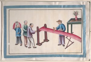 Album met twaalf schilderijen van mensen die zijde maken door Unknown Artist