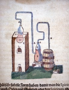 Alchemie: apparaat voor distillatie, uit een boek van Pietro Andrea Mattioli (Matthiole) (1500-1577). Frankfurt