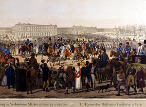 Geallieerden trokken Parijs binnen op 31 maart 1814 (Rusland Alexander I, de Oostenrijkse keizer Frans Jozef I en de Pruisische koning Frederik Willem III.) 19e-eeuwse gravure