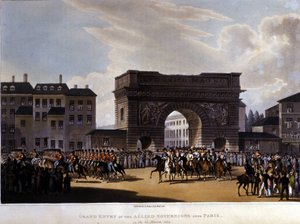 Geallieerden trokken Parijs binnen op 31 maart 1814 (Rusland Alexander I, de Oostenrijkse keizer Francois I en de Pruisische koning Frederik Willem III.) gravure uit 1826