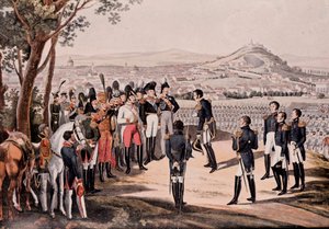 Bondgenoten van Pruisen onder Schwarzenberg verslaan de Fransen onder Marmont/Mortier (gravure)