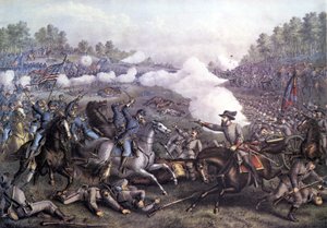 Amerikaanse Burgeroorlog (1861 - 1865): Slag bij Opequon of Derde Slag bij Winchester, Virginia 19 september 1864. Gravure van de 19e eeuw.