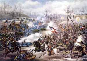 Amerikaanse Burgeroorlog (1861 - 1865): Slag bij Pea Ridge of Elkhorn Tavern (Arkansas) 06 - 08 maart 1862. Gravure uit de 19e eeuw door Unknown artist
