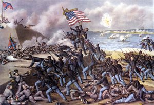 Amerikaanse Burgeroorlog (1861 - 1865): aanval op Fort Wagner op Jekyll Island bij Georgia door 2000 zwarte vrijwilligers in juli 1863. Gravure uit de 19e eeuw. door Unknown artist