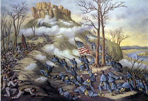 Amerikaanse Secessieoorlog of Burgeroorlog (1861-1865): Slag bij Lookout Mountain in Tennessee (23 november 1863, gravure uit de 19e eeuw) door Unknown artist