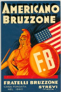 Americano Bruzzone alcohol advertentie met een Amerikaanse vlag (Chromolithografie, eind 19e eeuw)