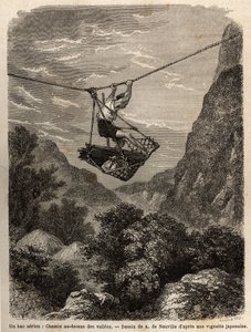 Een luchtveer, pad boven de valleien, een soort touwmand is opgehangen aan een touw, voor het transport van mensen en materialen. Gravure ter illustratie van de reis naar Japan