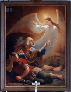 Een engel bevrijdt Sint-Pieter uit de gevangenis, getekend door F. Devigne (?) door Unknown artist
