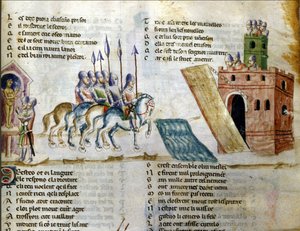 Een leger nadert een kasteel. Miniatuur van de “Roman de Troy” door Benoit de Sainte Maure. 14e eeuw, Biblioteca Marciana, Venetië door Unknown artist
