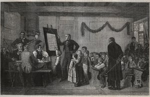 Een examen sessie op een Zwitserse school - gravure in 