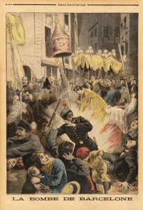Anarchistische aanslag in Barcelona, bomexplosie in de processie die de kerk van Santa Maria verlaat, straat nuevos cambios. Gravure in 