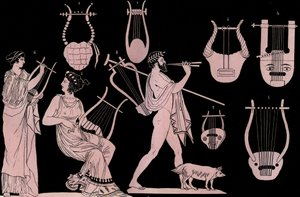 Oud-Grieks muziekinstrument: Lier en Cithara - gravure uit Usi e Costumi di Tutti i Popoli dell