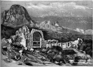 Oude architectuur: ruïnes van de Romeinse tempel van Zaghouan (Tunesië). Gravure door Riugel in "The Illustrous World" nr. 1308 van 22 april 1882. door Unknown artist