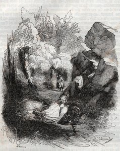 Angelique (Angelica) vlucht voor de oude kluizenaar - gravure van 1851 uit 