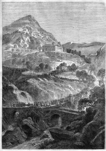 Jaarlijkse pelgrimstocht van 21 maart naar het klooster van St. Benedictus op de berg Cavo (Colli Albani) nabij Rome - Gravure uit 1868
