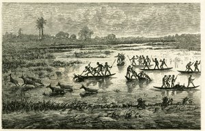 Antilopenjacht, jaarlijkse jacht tijdens migratie, antilopen vertraagd in het rivierwater worden afgeslacht door Marutse krijgers, die hen achtervolgen in evenwicht op kano