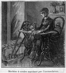 Toepassing van Faure-batterijen: elektrische naaimachine aangedreven door de accumulator. Gravure in "Le Monde Illustré"