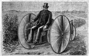 Toepassing van Faure-batterijen: elektrische driewieler die door de accumulator beweegt. Gravure in 