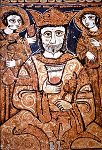 Arabonormandisch portret van Roger II van Sicilië (1095-1154) omringd door hoge dignitarissen. Schilderij op hout uit de 12e eeuw. Palermo, Cappella Palatina del Palazzo Reale (Palatijnse Kapel van het Koninklijk Paleis) Sicilië, Italië door Unknown artist